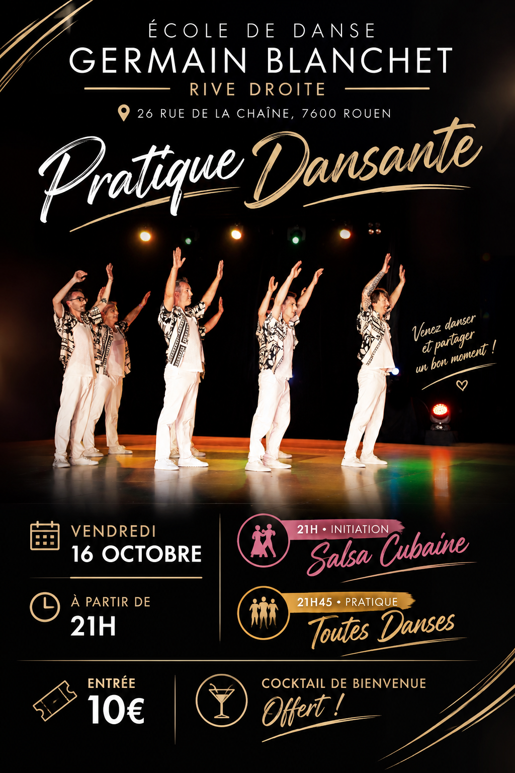 Affiche pratique dansante avec initiation Salsa Cubaine du 16 octobre 2026 – École de Danse Rive Droite Rouen