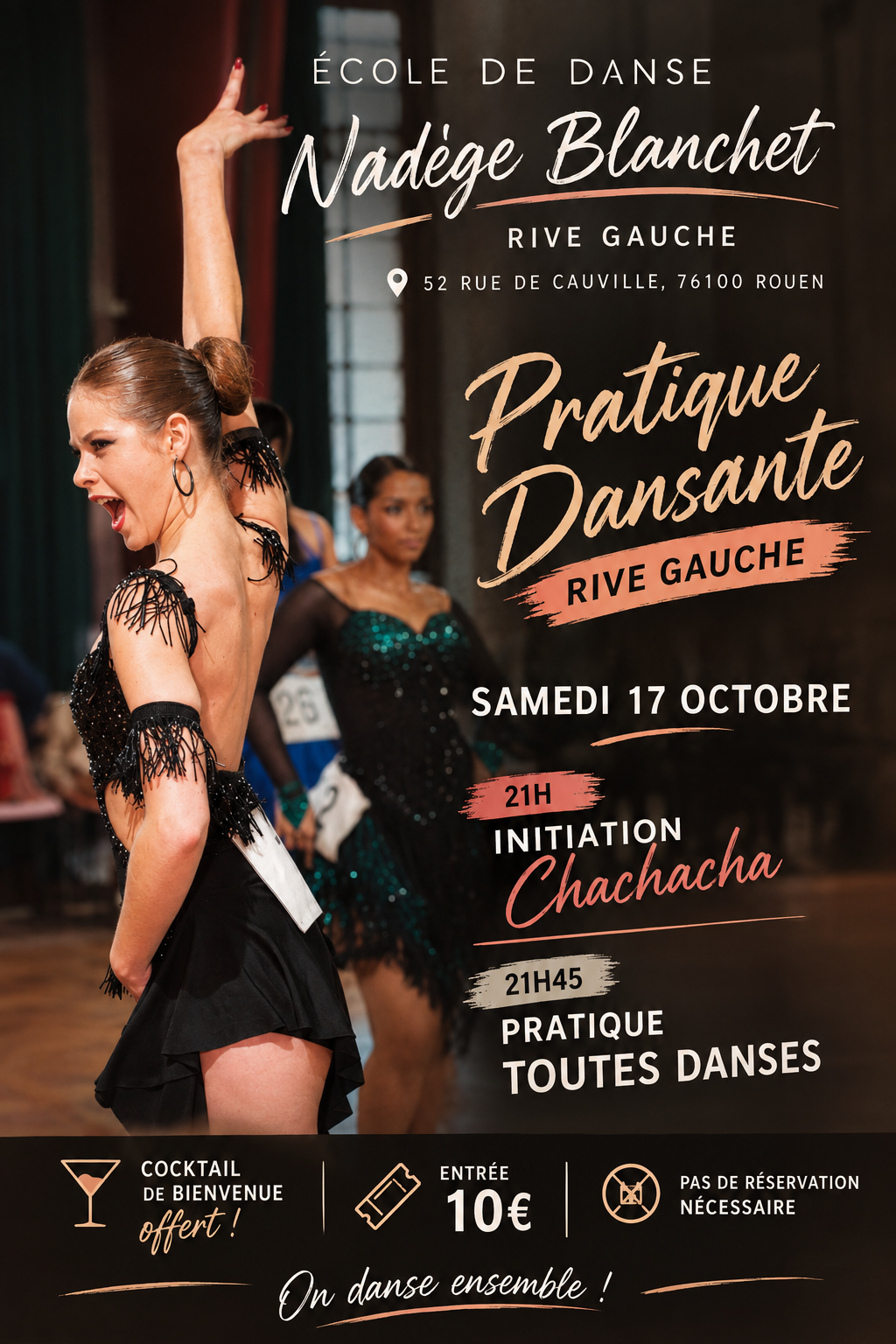 Affiche pratique dansante Rive Gauche avec initiation Cha-Cha-Cha – École Nadège Blanchet Rouen